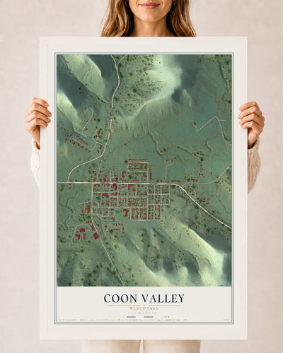 Map of Coon Valley, Wisconsin, 24 x 36 inch print in a white wood frame