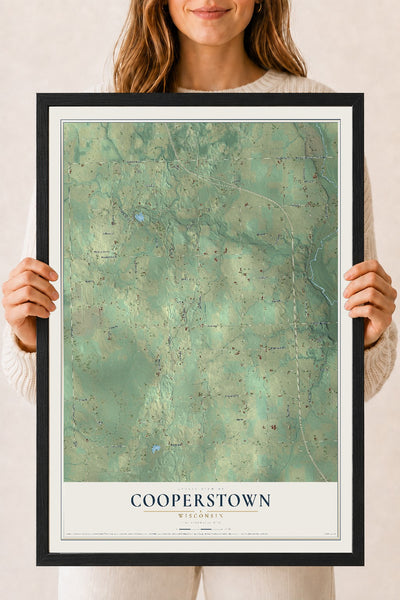 Map of Cooperstown, Wisconsin, 18 x 24 inch print in a black wood frame