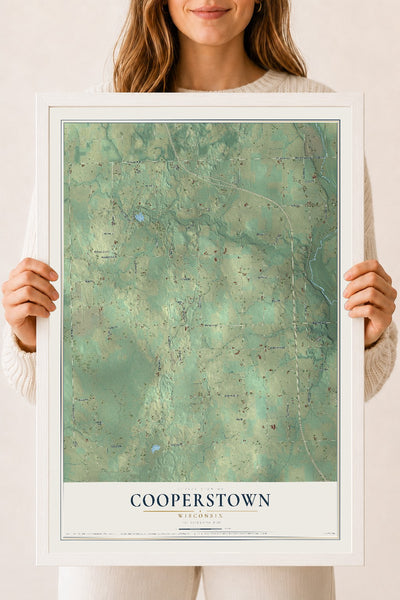 Map of Cooperstown, Wisconsin, 18 x 24 inch print in a white wood frame