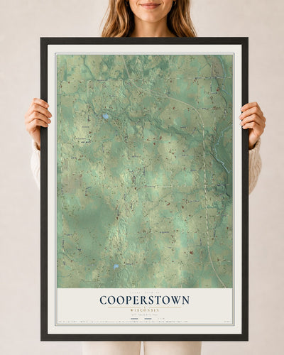 Map of Cooperstown, Wisconsin, 24 x 36 inch print in a black wood frame