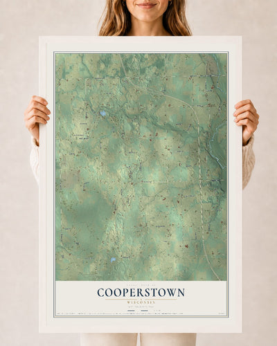 Map of Cooperstown, Wisconsin, 24 x 36 inch print in a white wood frame