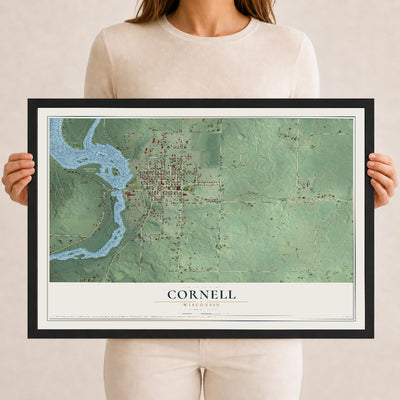 Map of Cornell, Wisconsin, 12 x 18 inch print in a black wood frame