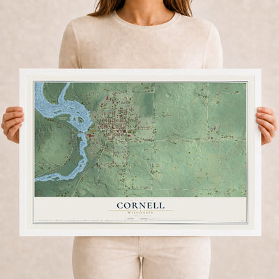 Map of Cornell, Wisconsin, 12 x 18 inch print in a white wood frame
