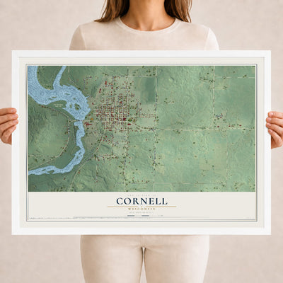 Map of Cornell, Wisconsin, 18 x 24 inch print in a white wood frame