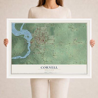 Map of Cornell, Wisconsin, 24 x 36 inch print in a white wood frame