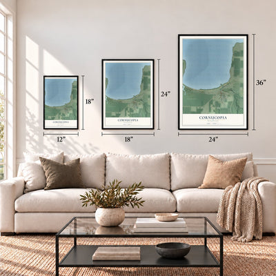 Cornucopia, Wisconsin map in 12 x 18, 18 x 24 and 24 x 36 inch sizes above a sofa