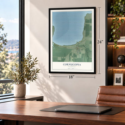 Cornucopia, Wisconsin map, 18 x 24 inch print in a black frame in a home office