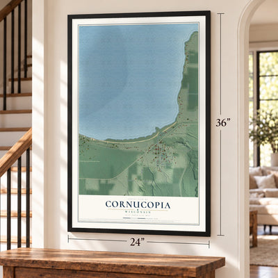 Cornucopia, Wisconsin map, 24 x 36 inch print in a black frame by a staircase