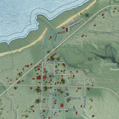 Close-up of the map of Cornucopia, Wisconsin print showing street and building detail