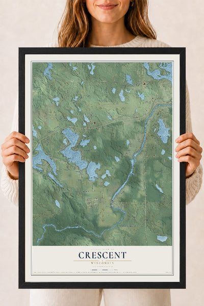 Map of Crescent, Wisconsin, 18 x 24 inch print in a black wood frame