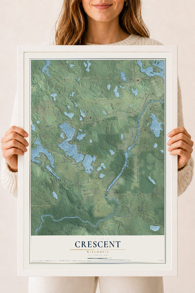 Map of Crescent, Wisconsin, 18 x 24 inch print in a white wood frame