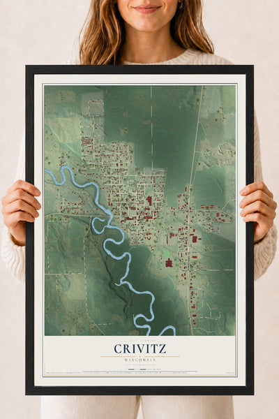 Map of Crivitz, Wisconsin, 18 x 24 inch print in a black wood frame