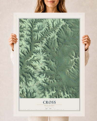 Map of Cross, Wisconsin, 24 x 36 inch print in a white wood frame