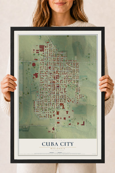 Map of Cuba City, Wisconsin, 18 x 24 inch print in a black wood frame
