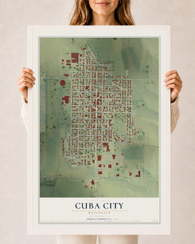 Map of Cuba City, Wisconsin, 24 x 36 inch print in a white wood frame