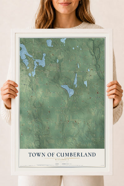 Map of the Town of Cumberland, Wisconsin, 18 x 24 inch print in a white wood frame