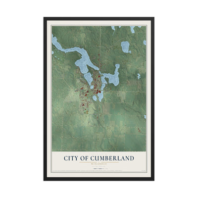 Map of Cumberland, Wisconsin, 12 x 18 inch print in a black wood frame