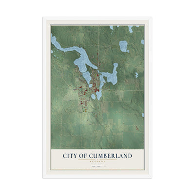 Map of Cumberland, Wisconsin, 12 x 18 inch print in a white wood frame