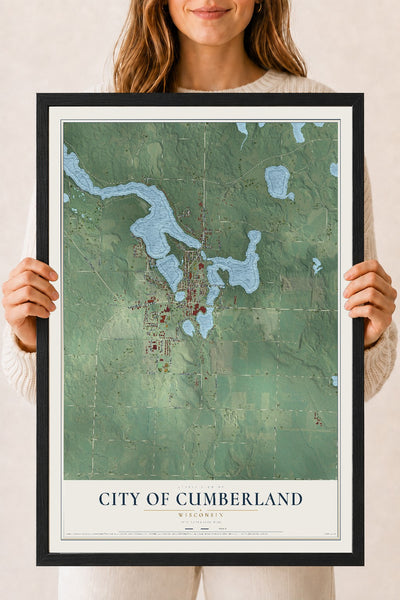 Map of Cumberland, Wisconsin, 18 x 24 inch print in a black wood frame