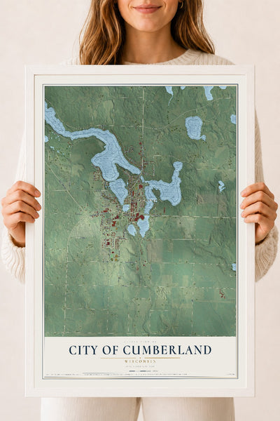 Map of Cumberland, Wisconsin, 18 x 24 inch print in a white wood frame