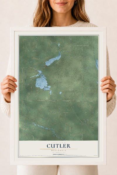Map of Cutler, Wisconsin, 18 x 24 inch print in a white wood frame