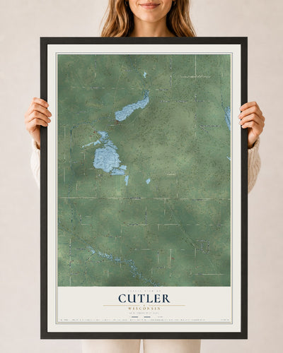 Map of Cutler, Wisconsin, 24 x 36 inch print in a black wood frame