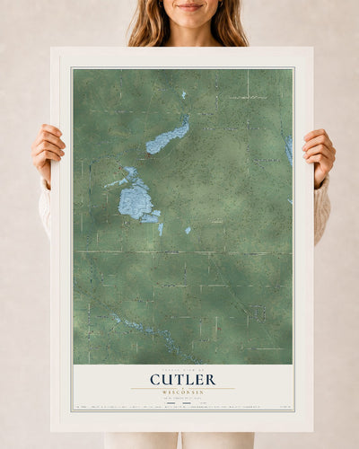 Map of Cutler, Wisconsin, 24 x 36 inch print in a white wood frame
