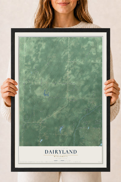 Map of Dairyland, Wisconsin, 18 x 24 inch print in a black wood frame