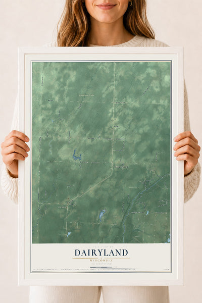 Map of Dairyland, Wisconsin, 18 x 24 inch print in a white wood frame