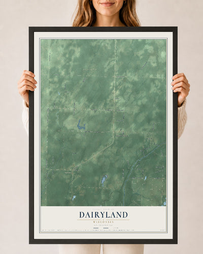 Map of Dairyland, Wisconsin, 24 x 36 inch print in a black wood frame