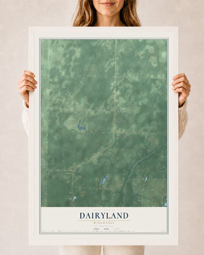 Map of Dairyland, Wisconsin, 24 x 36 inch print in a white wood frame