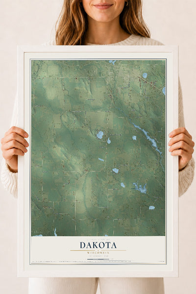 Map of Dakota, Wisconsin, 18 x 24 inch print in a white wood frame