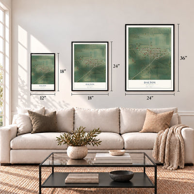 Dalton, Wisconsin map in 12 x 18, 18 x 24 and 24 x 36 inch sizes above a sofa