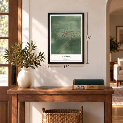 Dalton, Wisconsin map, 12 x 18 inch print in a black frame in an entryway