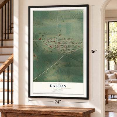 Dalton, Wisconsin map, 24 x 36 inch print in a black frame by a staircase