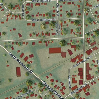 Close-up of the map of Darien, Wisconsin print showing street and building detail