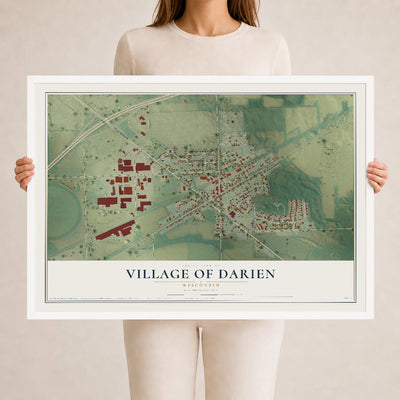 Map of Darien, Wisconsin, 24 x 36 inch print in a white wood frame