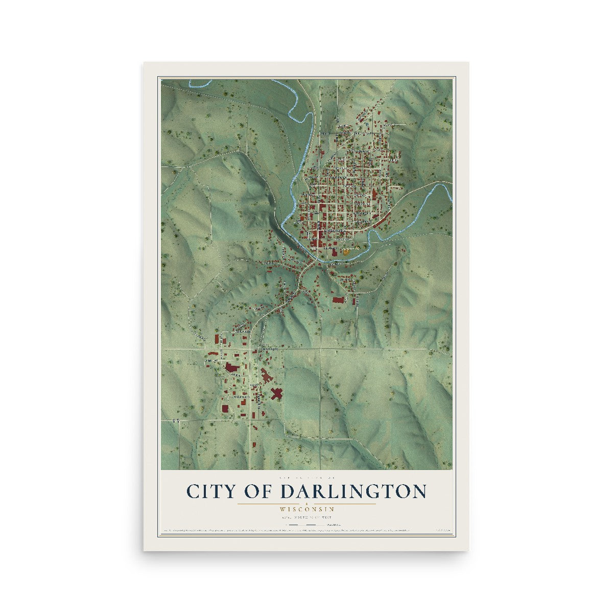 Map of Darlington, Wisconsin, 12 x 18 inch unframed archival matte print