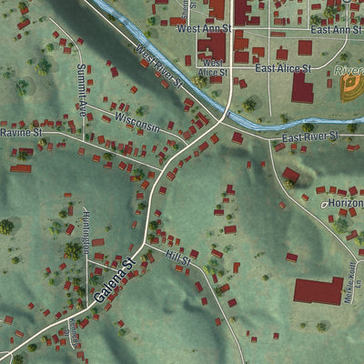 Second close-up of the map of Darlington, Wisconsin print showing more streets and buildings