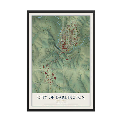 Map of Darlington, Wisconsin, 12 x 18 inch print in a black wood frame
