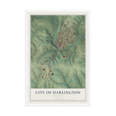 Map of Darlington, Wisconsin, 12 x 18 inch print in a white wood frame