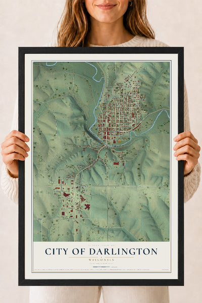 Map of Darlington, Wisconsin, 18 x 24 inch print in a black wood frame
