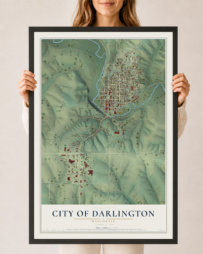 Map of Darlington, Wisconsin, 24 x 36 inch print in a black wood frame