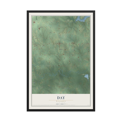 Map of Day, Wisconsin, 12 x 18 inch print in a black wood frame