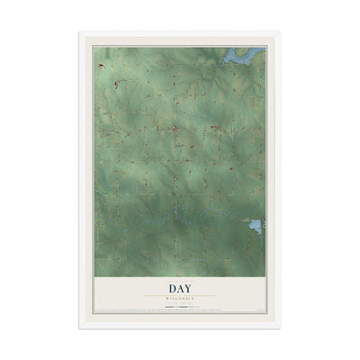 Map of Day, Wisconsin, 12 x 18 inch print in a white wood frame