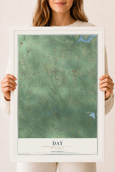 Map of Day, Wisconsin, 18 x 24 inch print in a white wood frame