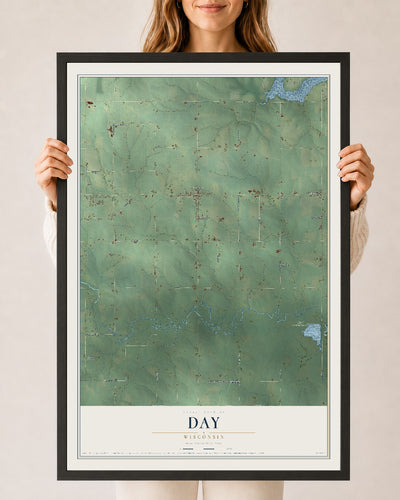 Map of Day, Wisconsin, 24 x 36 inch print in a black wood frame