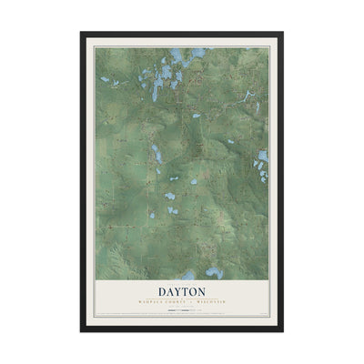 Map of Dayton, Waupaca County, Wisconsin, 12 x 18 inch print in a black wood frame