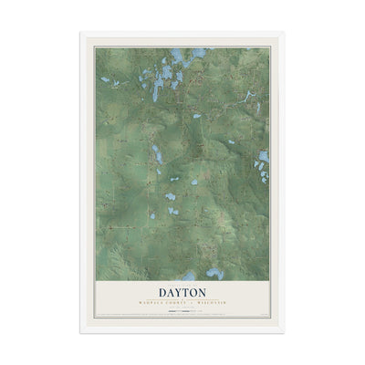 Map of Dayton, Waupaca County, Wisconsin, 12 x 18 inch print in a white wood frame