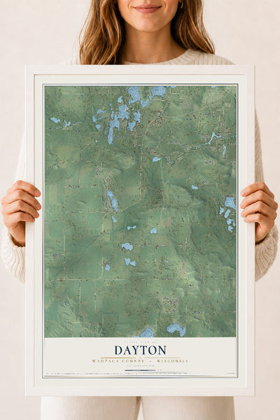 Map of Dayton, Waupaca County, Wisconsin, 18 x 24 inch print in a white wood frame
